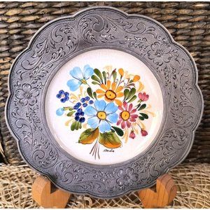 SET/2 Vintage Plates in Pewter Frames, Hand Painted Floral Bouquets, EUC
